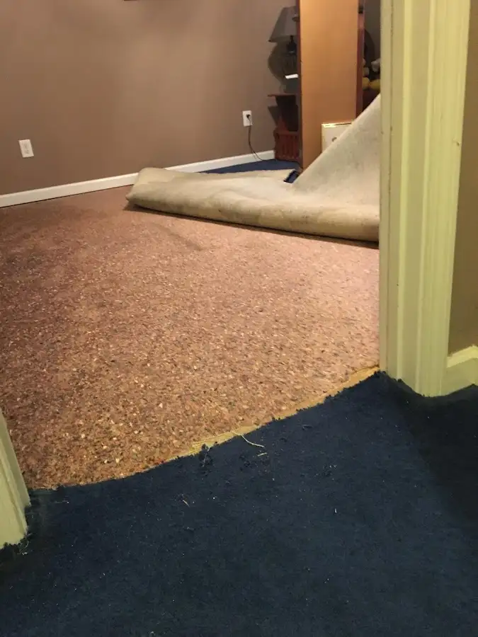 Carpet pad removal revealing water damage during Water Mitigation Services in Castle Pines Village